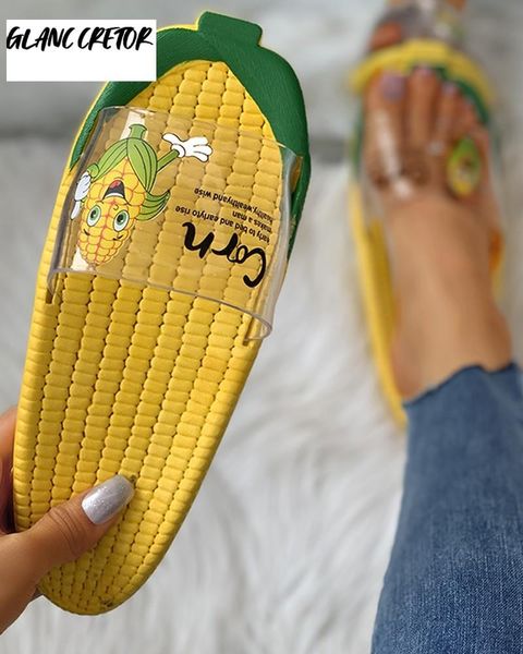 

slippers 2021 women summer funny transparent upper corn letter print flat slider sandals outdoor beach slides ladies shoes, Black