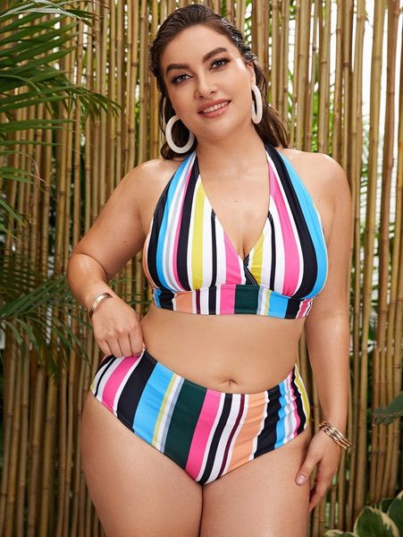 

plus striped halter high waisted bikini swimsuit o3um#, Black