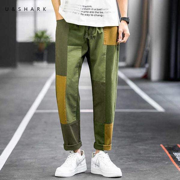 Ushark verão moda rua calça calça patch design streetwear homens verdes contraste cor calças reta calças masculinas 210603