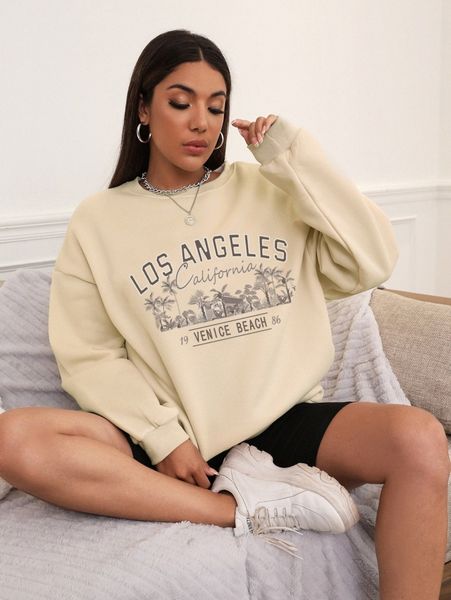 

letter & coconut tree print drop shoulder pullover 662n#, White;black