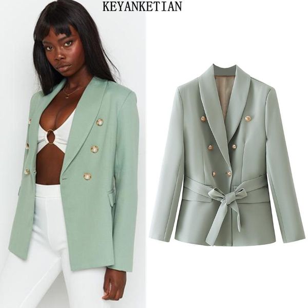 

women's suits & blazers keyanketian spring and autumn green metal buckle belt blazer long sleeve lapel ladies office suit, White;black