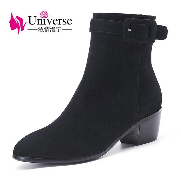 

boots universe winter women kid suede ankle elegant stylish comfortable square heel shoes g228, Black