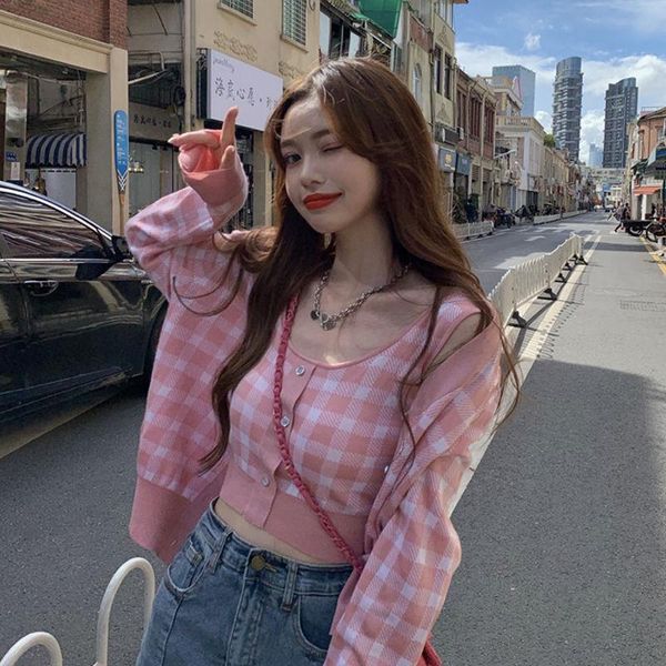 

women's knits & tees fashion pink plaid cardigan sweaters women autumn loose long sleeve chic korean wild camisole 2 piece sets sweet, White