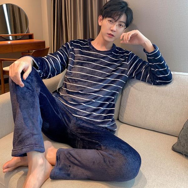 

men's sleepwear pajama set warm flannel men long sleeve golden velvet pajamas for elastic waist pant leisure home, Black;brown