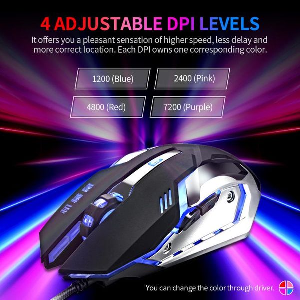 

mice wiredÂ 3200 dpi gaming mouse 4 adjustable levels/6 programmable buttons/4-color breathing light left&right mute buttons black