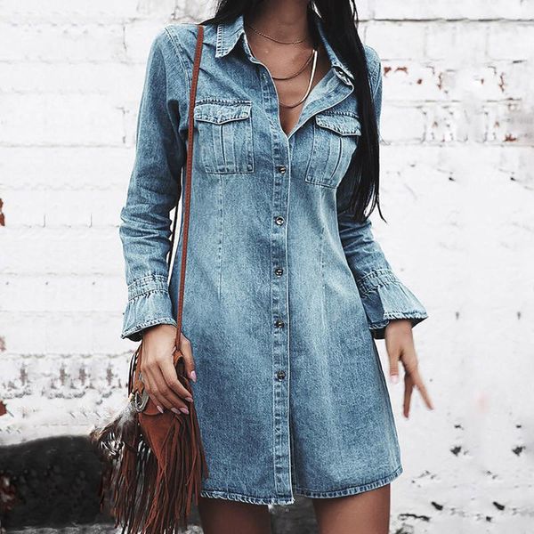 

casual dresses 40# denim dress lapel long sleeve cardigan button front loose pocket for women 2021 solid clothing, Black;gray