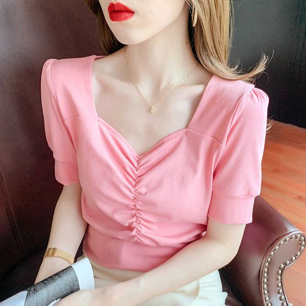 

2021 summer women's live broadcast short sleeve t-shirt with small height and big uv collar, White