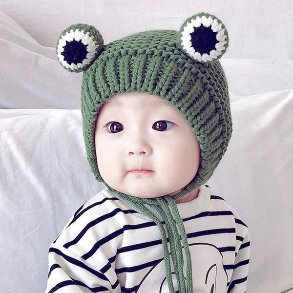 

caps & hats winter warm baby knitted hat kids knit beanie cute children's frog shape bonnet boy girls plush lined windproof earflap cap, Yellow