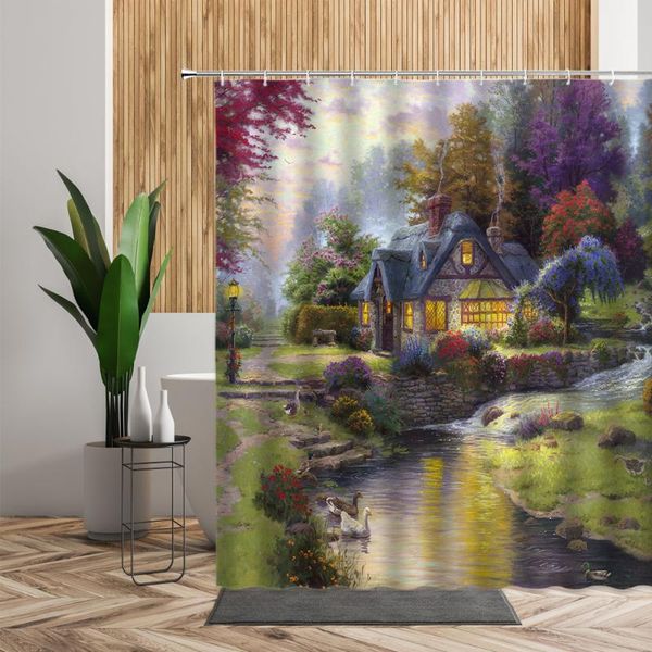 

small creek wooden house landscape oil painting bathroom shower curtain restaurant decorative waterproof bath curtains