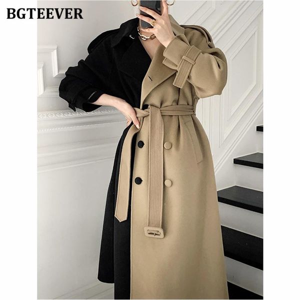 

women's wool & blends bgteever vintage turn-down collar women patchwork blend coats 2021 thick long double breasted belted winter overc, Black