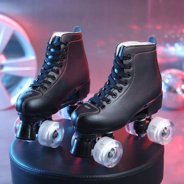 

inline & roller skates black leather woman man 4-wheel quad sneakers double row shoes flash patines de 4 ruedas outdoor