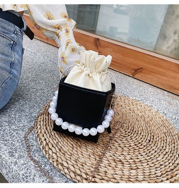 

solid color pu leather ladies pearl chain flap crossbody bags new fashion women mini square shoulder bag girls bucket handbags l