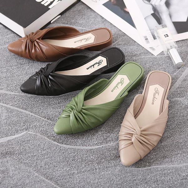 

design women slipper fashion leisure mujer sandals shoes pointed toe slip on mules flat heel casual slides flip slippers, Black