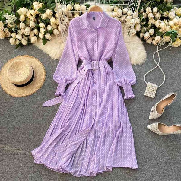 

singreiny women retro polka dot dress turn-down collar puff sleeve button sashes dresses autumn fashion streetwear long dress 210419, Black;gray