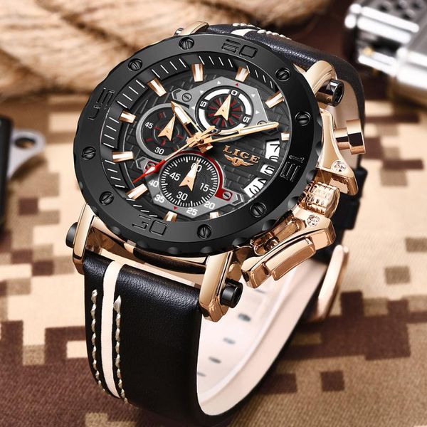 

wristwatches lige mens watches military sport watch men leather waterproof quartz clock wristwatch relogio masculino+box, Slivery;brown