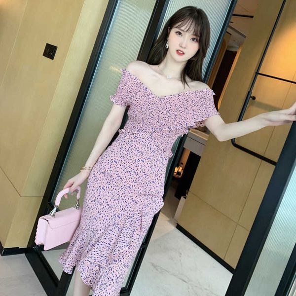 

summer women's dress with elastic ruffled neckline and slim floral office lady 210603, Black;gray