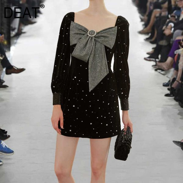 

[deat] summer fashion square collar high waist bow long sleeve splicing sequins personality dress women 13q047 210527, Black;gray