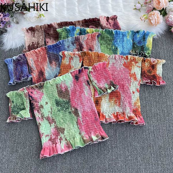 

kusahiki floral slash neck women shirt korean strecth slim short blouse spring summer puff short sleeve blusas 6e995 210602, White