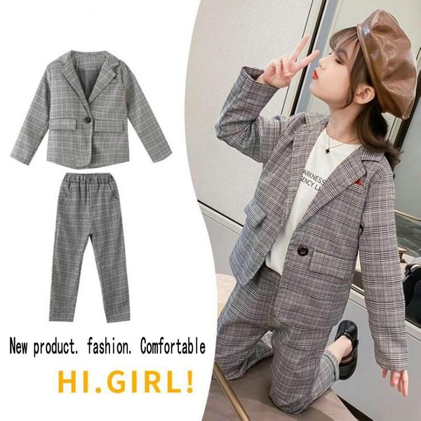 

women's two piece pants girls' suits, children's korean spring and autumn clothes, girls plaid small suit, western style two-, White