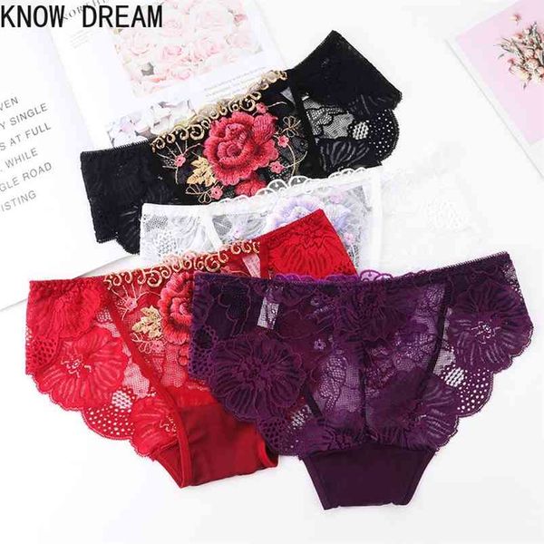 

knowdream lace panties female embroidered peony large size pure cotton crotch breathable triangle pants ladies underwear 210730, Black;pink
