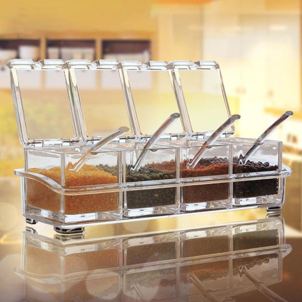 

storage bottles & jars 4-grids/set kitchen seasoning box for spice boxes transparent sugar salt bottle with spoon accessories