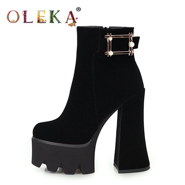 

boots oleka mid-calf winter women square heel metal decoration round toe mature style western as842, Black