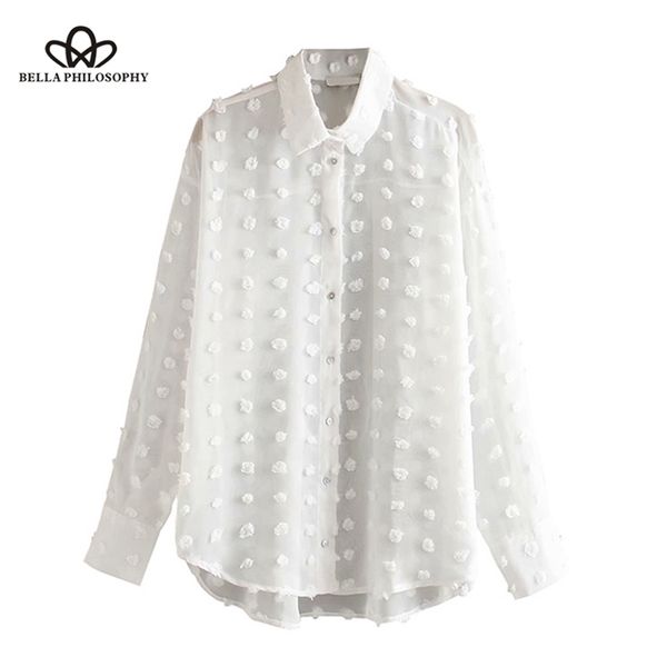 

vintage chic fringed polka dot appliques loose women shirts fashion long sleeve blouses casual blusas mujer 210519, White