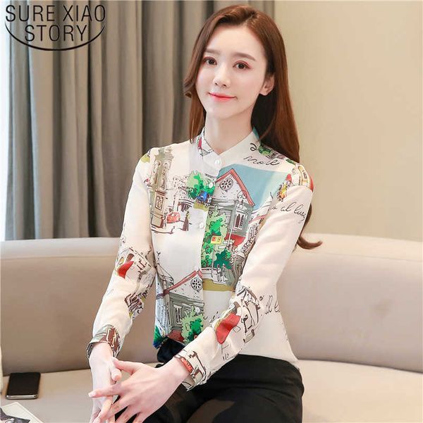 

spring fashion ol vertical collar lady long sleeve slim printed mulberry silk temperament women blouse blusa 8115 50 210528, White