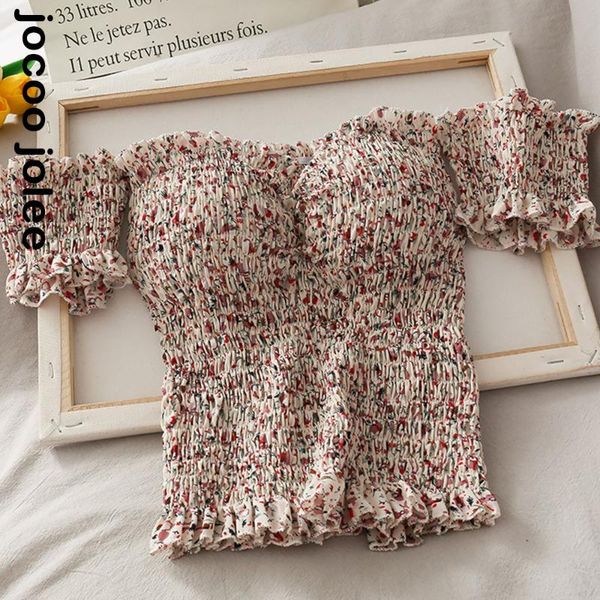 

women's blouses & shirts off shoulder ruched women blouse skinny elegant print ruffles slash neck cropped flower casual boho chic, White