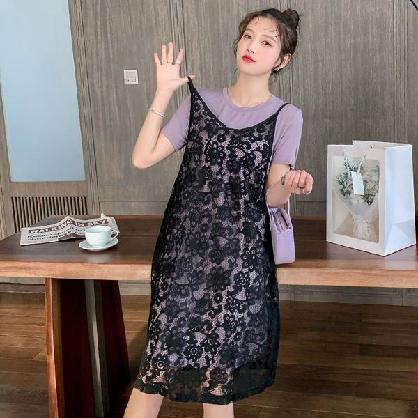 

maternity dresses dress summer short sleeves t shirt + lace sets loose fashion plus size midi pregnant women, White