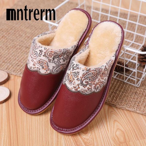 

slippers mntrerm winter women home with faux fur fashion warm shoes woman slip on flats female real leather plus size 41slippers, Black