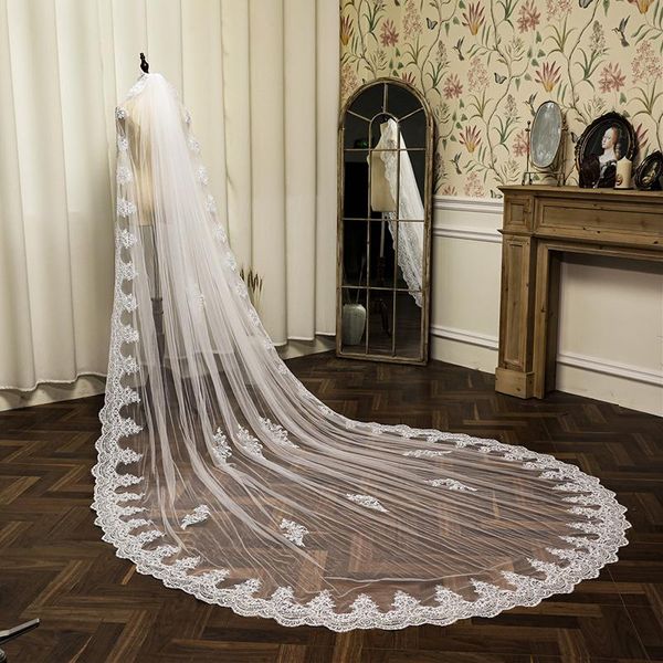 

bridal veils wedding accessories white/ivory veil 350cm long lace appliqued metal comb mariage cathedral veu de noiva, Black
