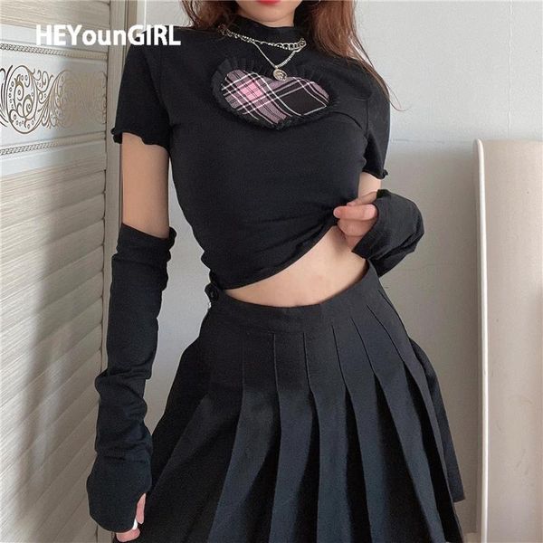

women's t-shirt heyoungirl patchwork heart plaid long sleeve women casual black cotton tee shirt femme autumn korean streetwear 2021, White