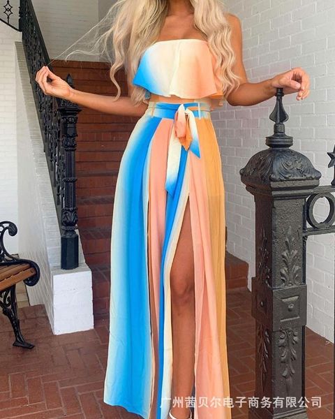 

off-shoulder strap summer beach style high waist dresses contrasting dress women split strapless casual, Black;gray