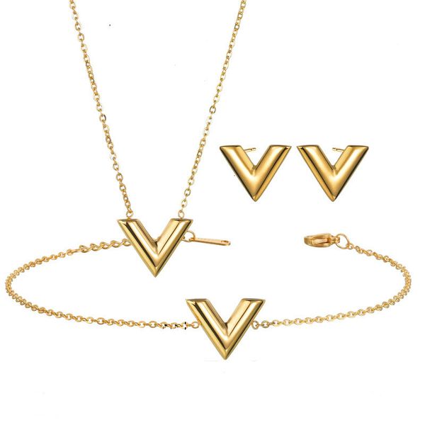 

jewelry sets fashion stainless steel v set dainty letter necklace earrings bracelet for women name gift, Black