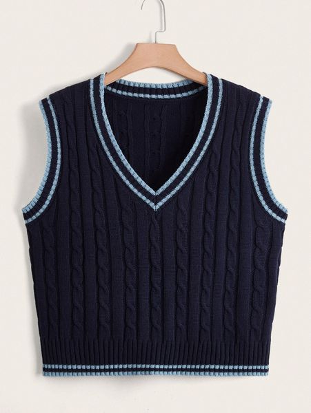 

plus cable knit cricket sweater vest e71b#, Black