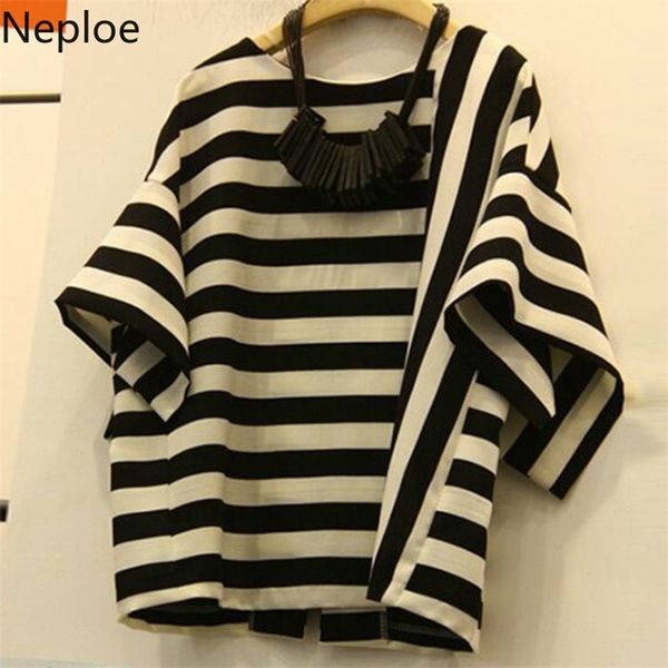 

neploe striped t shirt women summer arrival o-neck short sleeve tees loose fashion cotton ladies 43877 210722, White