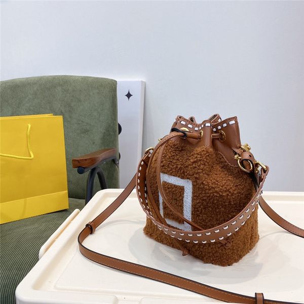 

winter lambswool mini bag womens designer bucket bags with classic letter 3 colors are available cute drawstring handbag stitching leather