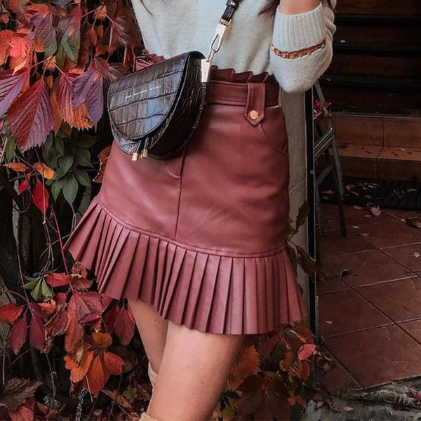 

skirts women's pu leather pleated mini skirt belt high waisted a-line ruffles women short autumn winter ladies clothes d3cp, Black