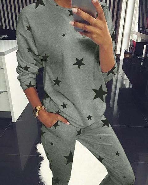 

long sleeve stars print & pants set two piece dress, White