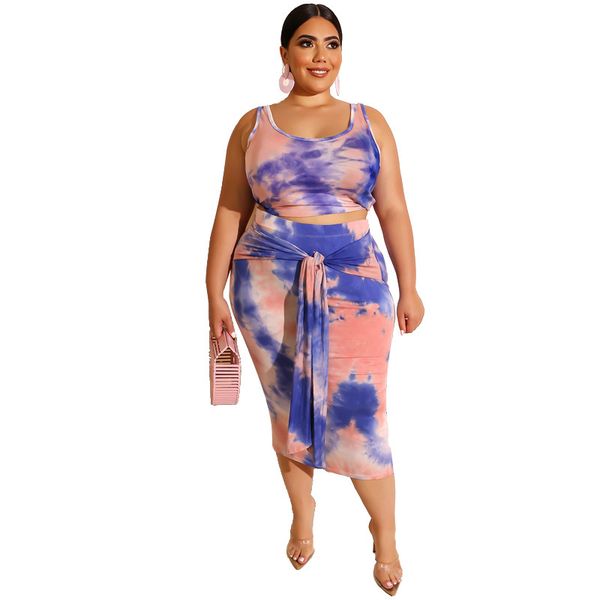 4XL 5XL Conjuntos de vestido feminino plus size tie dye regata + saia skinny enfaixada conjunto de duas peças sem mangas colete tops + vestidos longos roupas de verão 5389