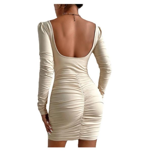 

casual dresses solid color ruched square collar autumn women long sleeves club party dress female slim bodycon mini vestido, Black;gray