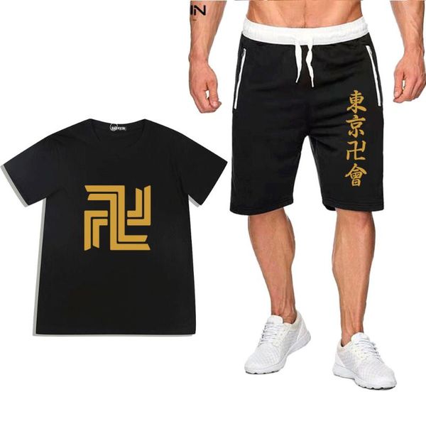 

men's tracksuits tokyo revengers anime cosplay t-shirt shorts suit solid loose oversize men tracksuit sportsuit streetwear two piece su, Gray