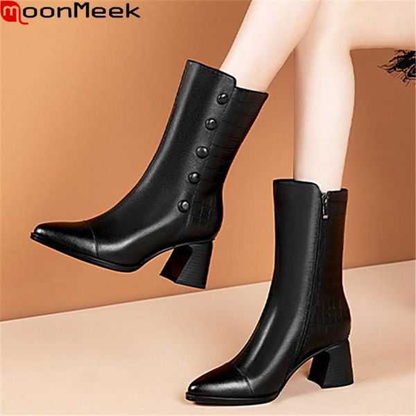 

boots moonmeek 2021 genuine leather square heels pointed toe black color ladies shoes autumn winter ankle women