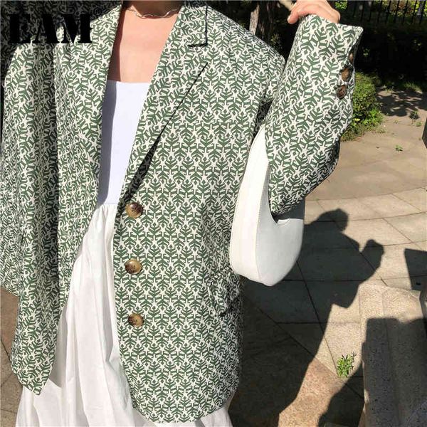 

[eam] women green pattern printed big size blazer lapel long sleeve loose fit jacket fashion spring autumn 1dd6468 21512, White;black
