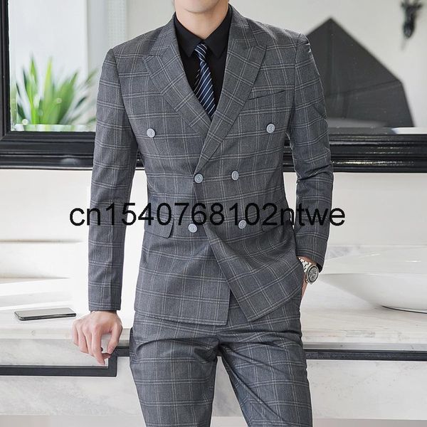 

men's big size double breasted suit fat man plus gray plaid suits & blazers, White;black