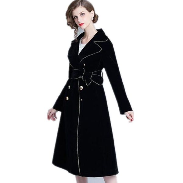 

women's trench coats autumn and winter temperament velvet slim windbreaker dress, Tan;black