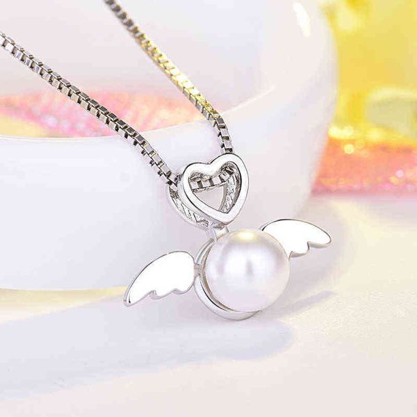 Изящное жемчужное сердце кулон ожерелье творческий ангел крылья серебряный цвет ключица колье цепи мода свадьба драгоценности G1206