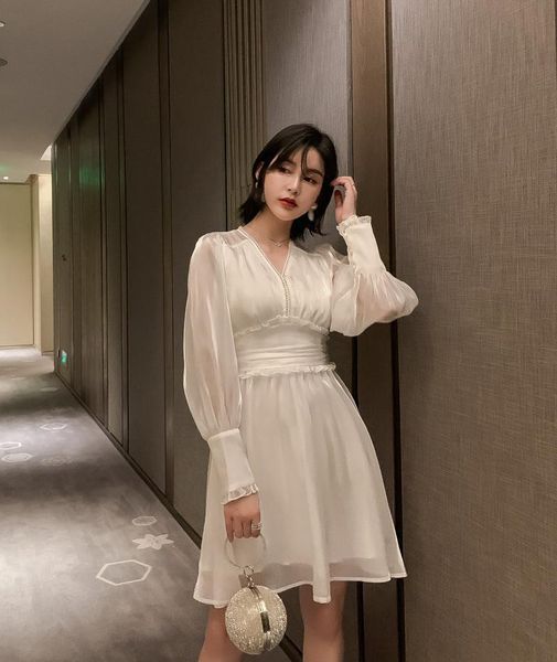 

casual dresses 2021 spring office ladies silk dress women lanternsleeve bodycon v neck party b361, Black;gray