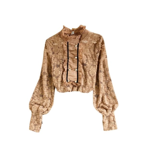 

spring autumn fashion temperament stand-up collar wooden ears brushed lace shirt women's hollow bottoming c089 210506, White